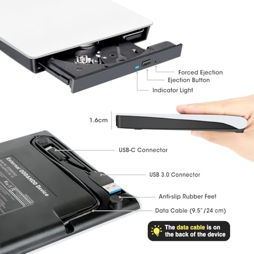 ROOFULL 5.74x5.6x0.65 Inch ECD829-Y-W External CD/DVD Drive, USB 3.0, USB-C, Slim, Portable