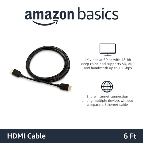 Amazon Basics 6ft HDMI Cable Male-to-Male 4K@60Hz High-Speed with Ethernet