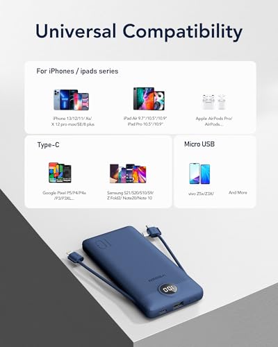 VEGER 10000mAh V1115 Power Bank - Slim Design with Built-in AC Plug - 4 Port Charger - Lithium Polymer - Navy
