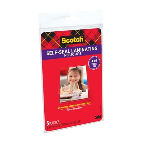 Scotch 5 Pack Self-Sealing Laminating Pouches PL900G-SR Photo Size 4 x 6 Inches Clear Gloss Finish