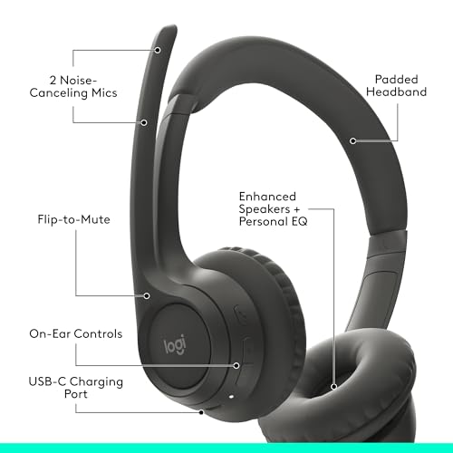 Logitech Wireless Headset 981-001468 Bluetooth 5.3 20 Hours Battery Life, Active Noise Cancellation, On-Ear Audio Device