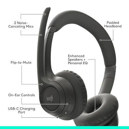 Logitech Wireless Headset 981-001468 Bluetooth 5.3 20 Hours Battery Life, Active Noise Cancellation, On-Ear Audio Device