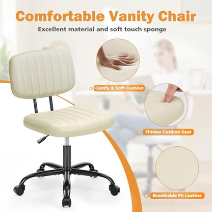 Sweetcrispy 193-WT-2H2 Beige PU Leather Armless Office Desk Chair - Adjustable Height, 250 lbs Maximum Weight Capacity, 360° Swivel