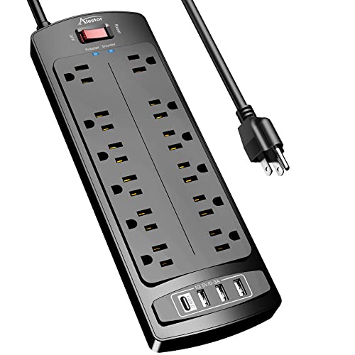 Alestor 6 Feet Power Strip PS951 12 Outlets 4 USB Ports 2700 Joules Surge Protection