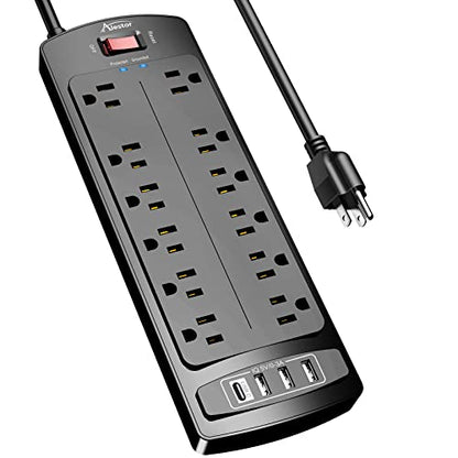 Alestor 6 Feet Power Strip PS951 12 Outlets 4 USB Ports 2700 Joules Surge Protection