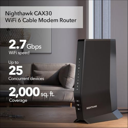 NETGEAR Nighthawk CAX30 Cable Modem Router - DOCSIS 3.1, Dual Band, AX2700 (2.7 Gbps), 4 Ethernet Ports, USB 3.0