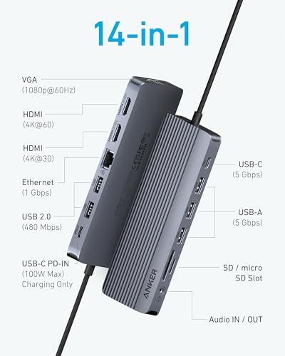 Anker 134 Grams A8389 USB 3.0 Type C 14 Ports Dual 4K HDMI Docking Station