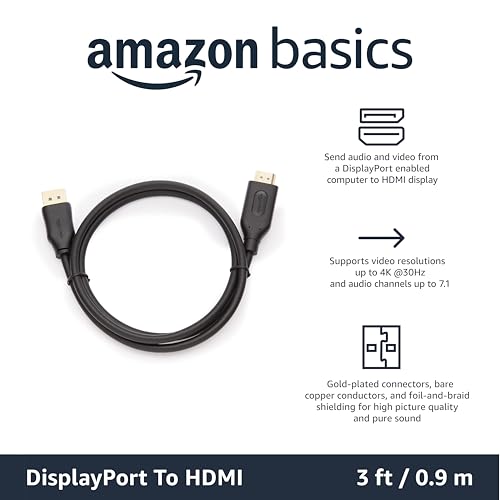Amazon Basics 3 Foot DisplayPort to HDMI Cable, Uni-Directional, Supports 4K@30Hz