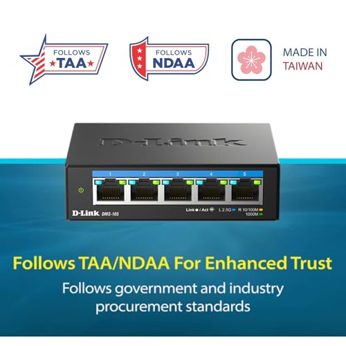 D-Link 5-Port 2.5G Unmanaged Ethernet Switch DMS-105 Multi-Speed RJ45 Black