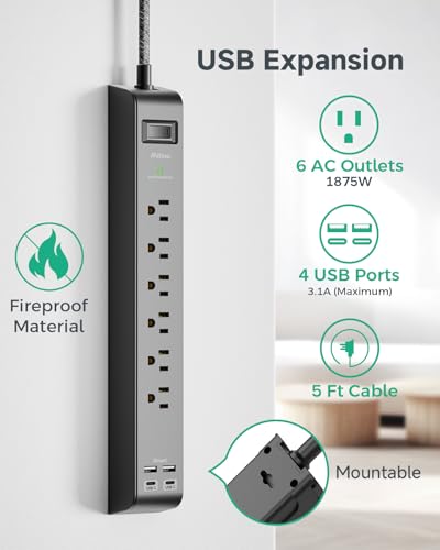 Mifaso 5-Foot Surge Protector Power Strip THU6046 125 Volts 15 Amps 8 Outlets USB 2 Ports