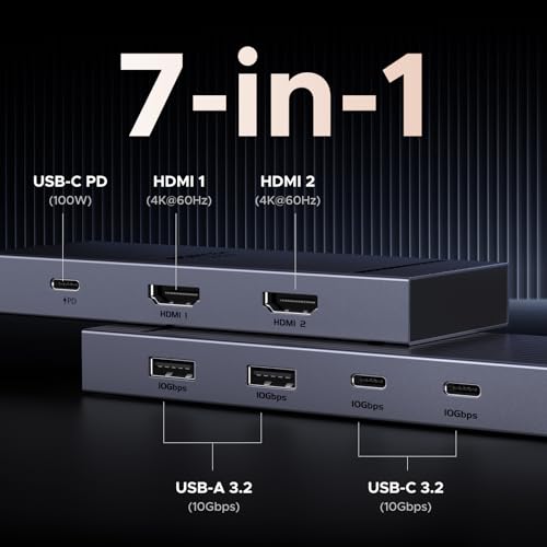 UGREEN 7 in 1 Docking Station 4K HDMI Dual Monitor Duo Display USB-C Hub 100W PD 10Gbps Data Ports - Model 45365