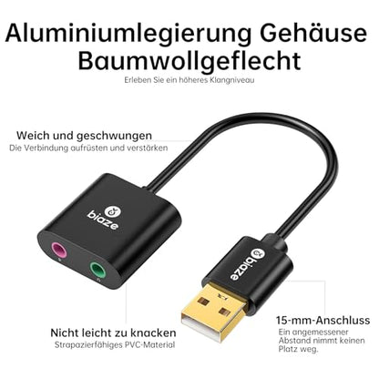 Biaze USB to 3.5mm Audio Adapter Y23-US 2 Ports No Plug External Sound Card A-Black