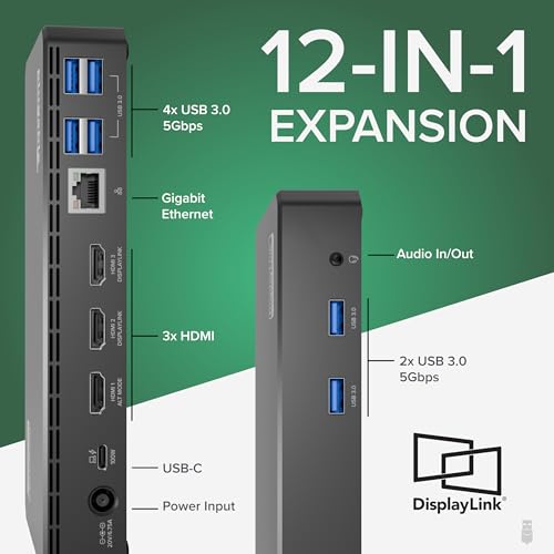 Plugable 7.87" x 3.3" x 1.2" UD-3900PDZ USB Type C Docking Station | 100W Charging, 3x HDMI (1x 4K 30Hz, 2x 1080p 60Hz), 9 Ports | Compatible with Windows, ChromeOS, macOS 11+ | Black