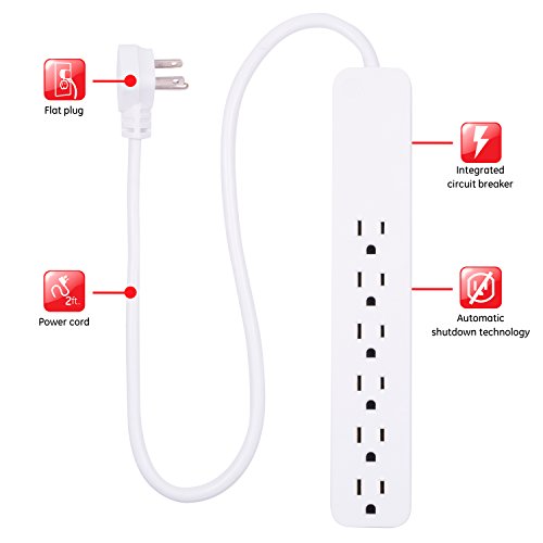 GE 6 Outlet Power Strip 2 Pack, 125 Volts, 15 Amps, 620 Joules Surge Protection, Model 46867
