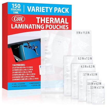 Simply Cool 150 Count 5MIL Laminating Sheets Multi-Sized Pouches for Letter, ID Badge, and Card