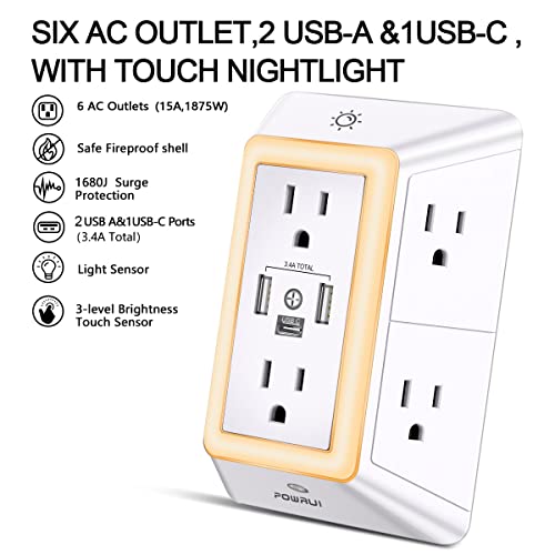 POWRUI 6 Outlet Power Strip 125V 15A Surge Protection Model 508-2U1C