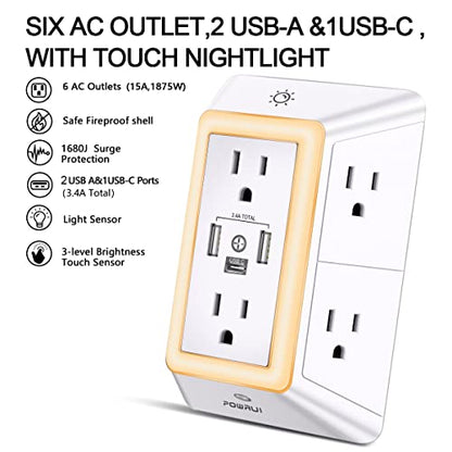 POWRUI 6 Outlet Power Strip 125V 15A Surge Protection Model 508-2U1C