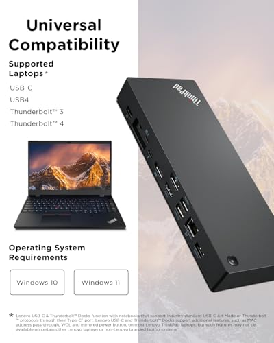 Lenovo 6"L x 3"W x 1"H 40B00135US Docking Station with Thunderbolt 4, 11 Ports, 100 Watt Power Supply, Black