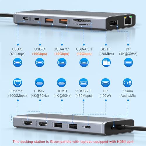 VVB 14-Port USB-C Laptop Docking Station Compatible with Dell/HP/Lenovo