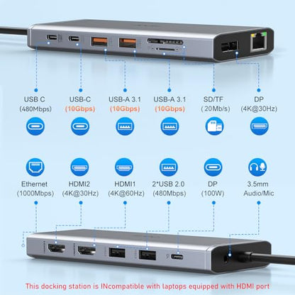 VVB 14-Port USB-C Laptop Docking Station Compatible with Dell/HP/Lenovo