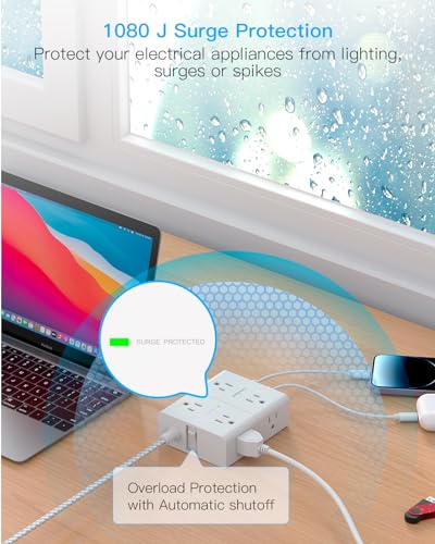 One Beat Power Strip 15 FT 8 AC Outlets 4 USB Ports Model 1 Rectangular White & Grey Surge Protector