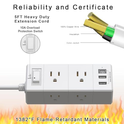 Tcstei 5 Feet Extension Cord PW-401A 6 AC Outlets 3 USB Ports