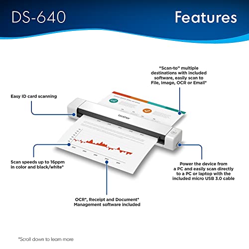 Brother 1.99"D x 11.9"W x 1.45"H Compact DS-640 Mobile Scanner 300 DPI