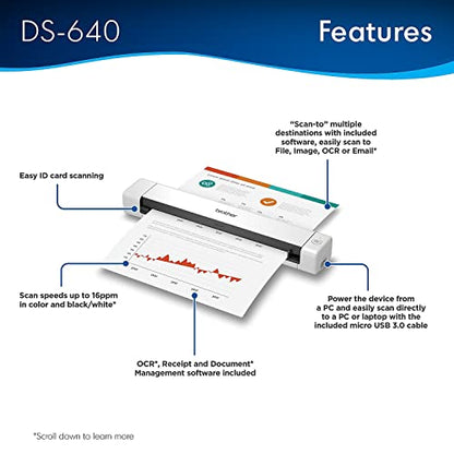 Brother 1.99"D x 11.9"W x 1.45"H Compact DS-640 Mobile Scanner 300 DPI