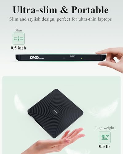 PeroBuno 0.5-Inch Ultra-Slim External CD/DVD Drive Model BT620 with USB 3.0 Type A and Type C Connectivity