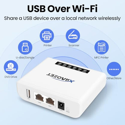 Xiiaozet LK100EW Wireless USB Server, Compatible with Ethernet and Wi-Fi Network, 4.53 x 3.35 x 2.76 in, 8.5 oz