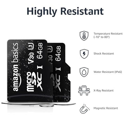 Amazon Basics 64GB microSDXC Memory Card U3 A2 Read Speed 100MB/s Black Model LSMICRO64GU3D