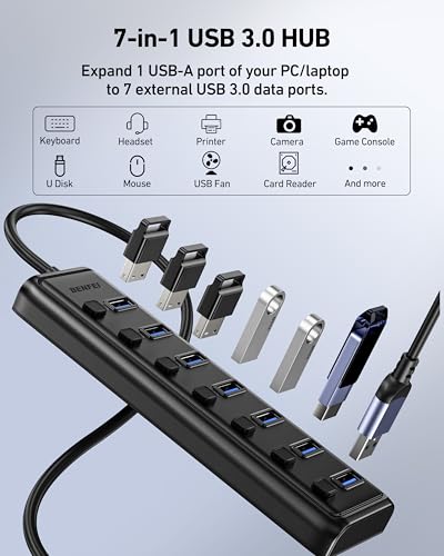 BENFEI USB 3.0 Hub 7-Port 5Gbps Black Plastic 000425black