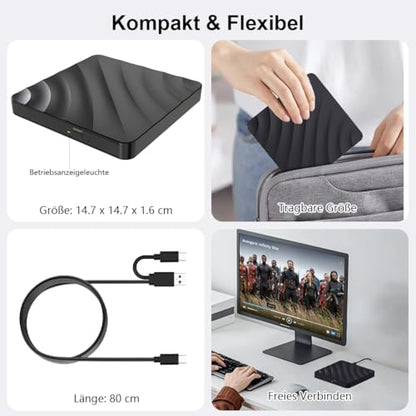 QDSYLQ External CD/DVD Drive XD 061 USB Type C 24X, 8X External Optical Drive