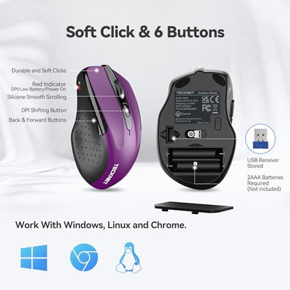 TECKNET 2.4G Ergonomic Optical Mouse 2600 DPI Wireless USB A Right-Handed Purple
