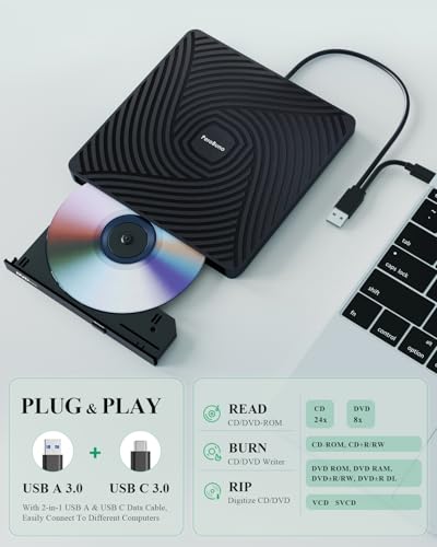PeroBuno 0.5-Inch Ultra-Slim External CD/DVD Drive Model BT620 with USB 3.0 Type A and Type C Connectivity