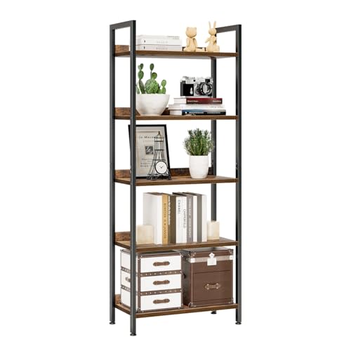 NUMENN 5 Tier Bookshelf Floor Mount Vintage Style Metal and Engineered Wood Bookcase