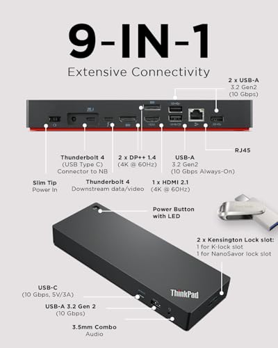 Lenovo 6"L x 3"W x 1"H 40B00135US Docking Station with Thunderbolt 4, 11 Ports, 100 Watt Power Supply, Black