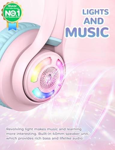 iClever BTH13 Over-Ear Kids Headphones, Wireless, Bluetooth 5.2, 50 Hours Playtime, 40mm Driver, 3.5mm Audio Cable, Pink