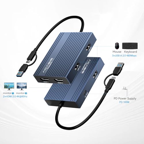 ACASIS USB C Dual HDMI Display Adapter, 4K@60Hz, 2 HDMI Ports, 3 USB-A Ports, 100W PD Charging, Model DS0602