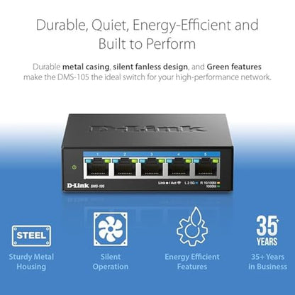 D-Link 5-Port 2.5G Unmanaged Ethernet Switch DMS-105 Multi-Speed RJ45 Black