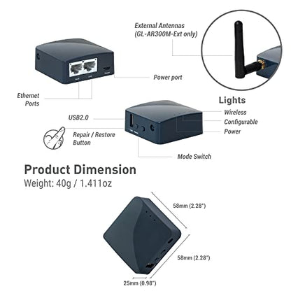 GL.iNet GL-AR300M16-Ext 2.4GHz Wireless Pocket Router - OpenWrt - 300Mbps Data Rate - Ethernet - USB Connectivity - Black