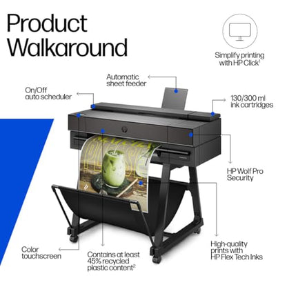 HP DesignJet T870 24-inch Wide Format Plotter Printer, 2400 x 1200 DPI, Inkjet, Manual Duplex, Sheetfed