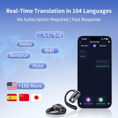 TECSONIC P-G2 Wireless Translation Earbuds, Bluetooth 5.4, 164 Language Support, 60H Battery Life, Environmental Noise Cancellation