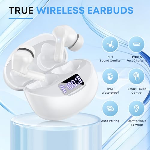 Fhumsh Wireless Earbuds I17 Bluetooth 5.4 IPX7 Waterproof White