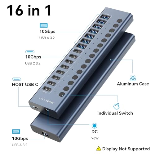 ACASIS 16-Port USB 3.2 Hub, 8 USB-A & 8 USB-C, 10Gbps, Aluminum, Compatible with Windows & Mac