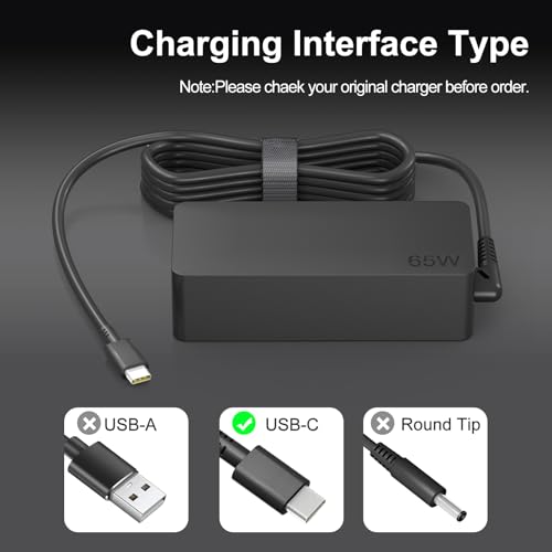 Dzytnsy 65W USB Type-C Laptop Charger Compatible with Lenovo ThinkPad, Yoga, ThinkBook, Chromebook, and IdeaPad Series