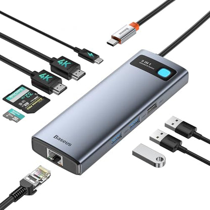 Baseus 5.31" x 1.93" Laptop Docking Station 9-in-1 USB C Hub 2 HDMI 4K@120Hz Dual Monitor 1000Mbps LAN 85W PD
