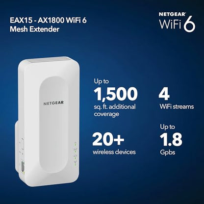 NETGEAR EAX15 AX1800 Mesh WiFi Range Extender 802.11ax Up to 1.8 Gbps Dual-Band