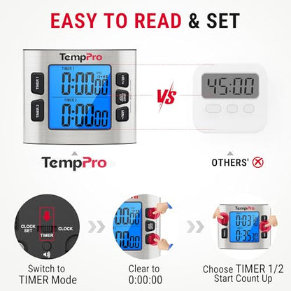 TempPro TM02 24-Hour Digital Timer 2 Countdown 1.5" LCD Display Stainless Steel Timer