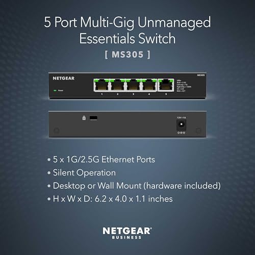 NETGEAR 5-Port 2.5G Multi-Gigabit Ethernet Unmanaged Network Switch (MS305) - 5 x 2.5Gbps Ports, Desktop or Wall Mount, Metal Case